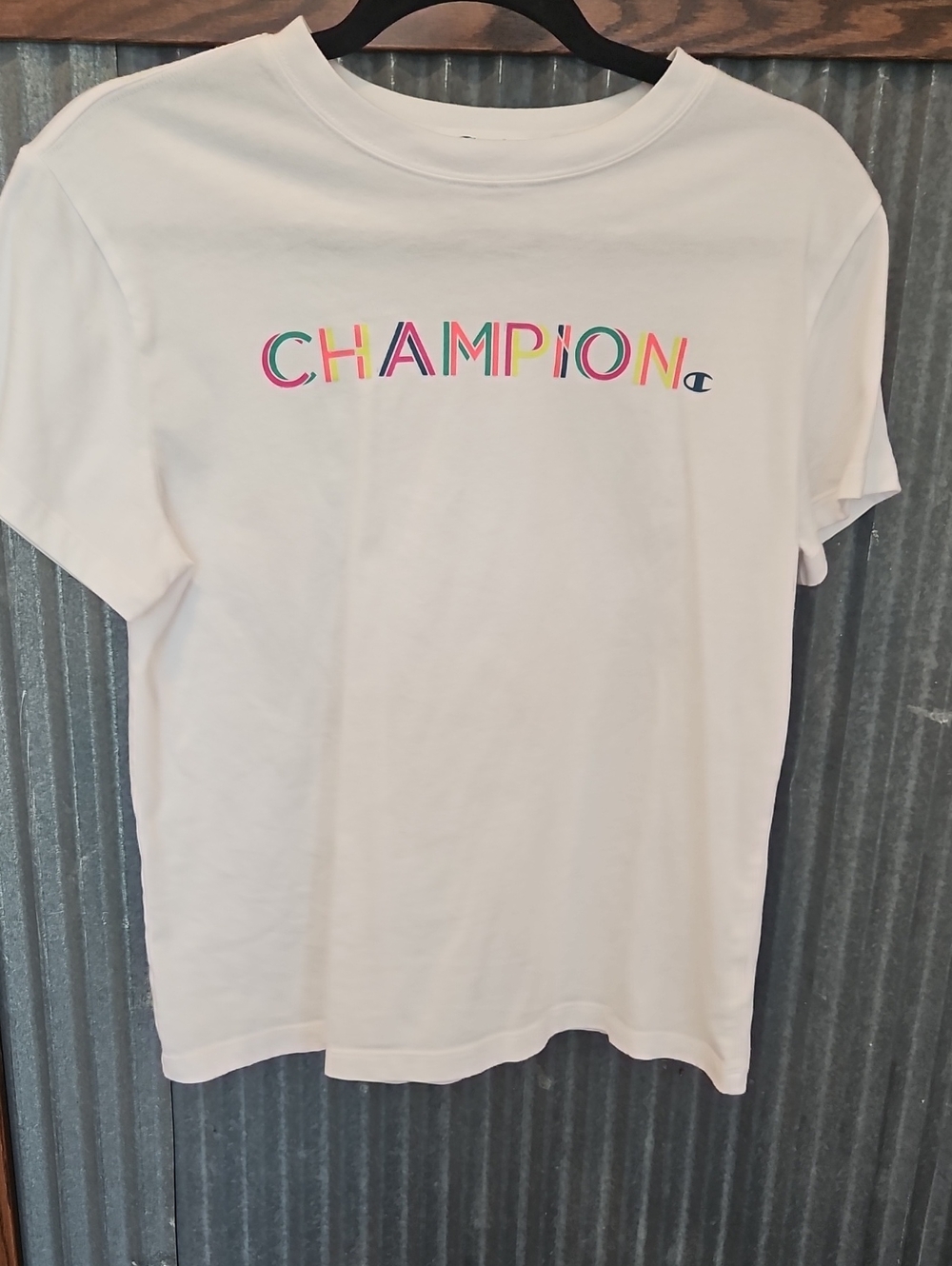 Champion White Tee with Rainbow Lettering